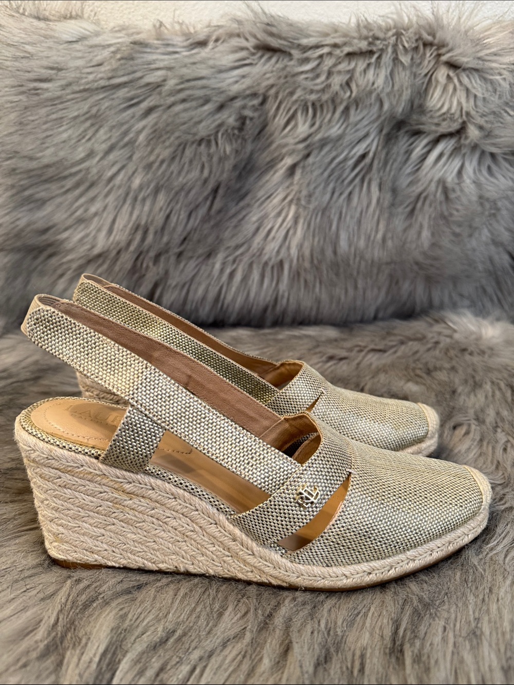 Lauren Ralph Lauren Natural Beige Espadrille Wedge Slingbacks Size 9B